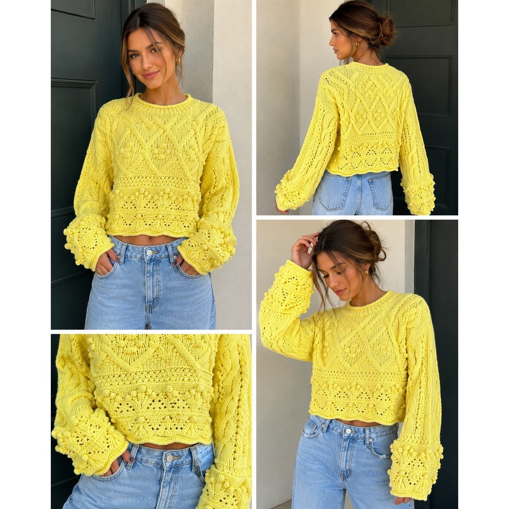 Zara Womens Small Yellow Cable Knit Bobble Sweater‎ Cropped NWT Balloon Sleeve